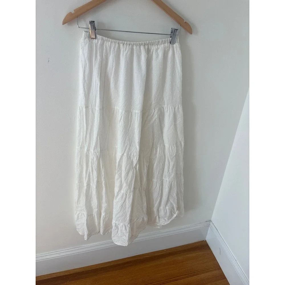 White Swiss Dot Tiered Midi Skirt Boho Elastic Waist Flowy Peasant Skirt